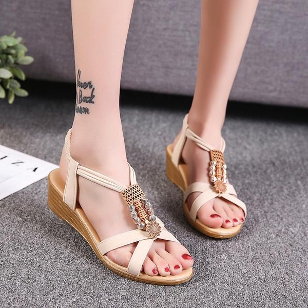 

summer bohemian ladies sandals women vacation beach sandales rome shoes woman plus size wedge sandalias zapatos mujer 2020 new, Black