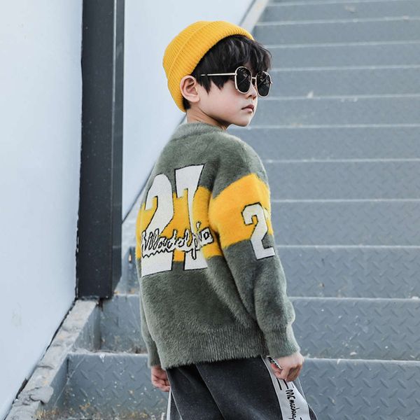

sweater pullover boys' 2020 new children's mink cashmere middle school kids' foreign sle plush autumn and winter knitwear fas, Blue