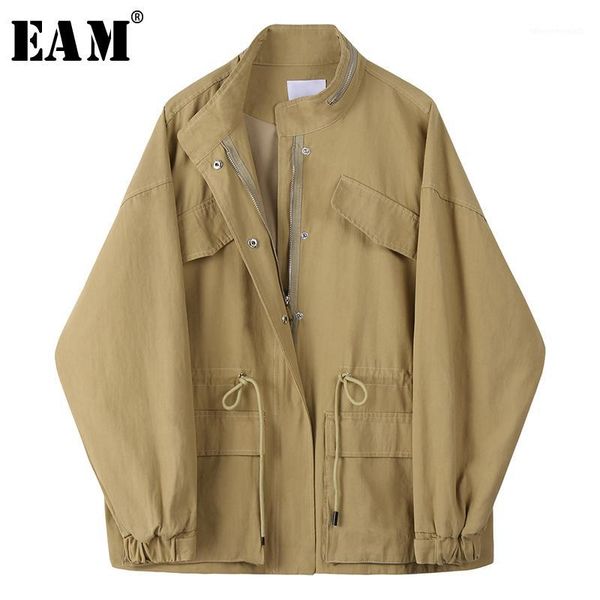 

women's suits & blazers [eam] women khaki drawstring big size blazer stand collar long sleeve loose fit jacket fashion spring autumn 20, White;black