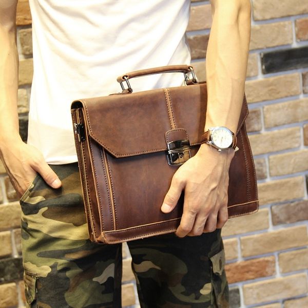 

vintage men's bag crazy horse pu leather file briefcase men messenger bags coffee color fashion portfolio 12" laphandbag