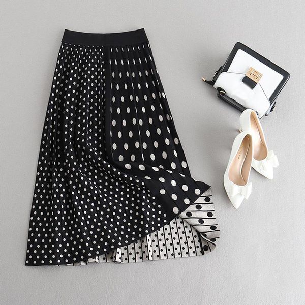 

2021 new high waist spring knitting dots print long stretch vintage women winter skirt jupe femme saia 3c9z, Black