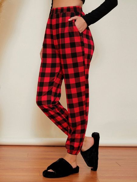 

elastic waist slant pocket gingham crop pants 33ly#, Black;white