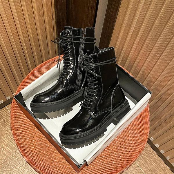 

boots 2021 spring female internet celebrity inspired british style lace-up side zipper machine ankle, Black