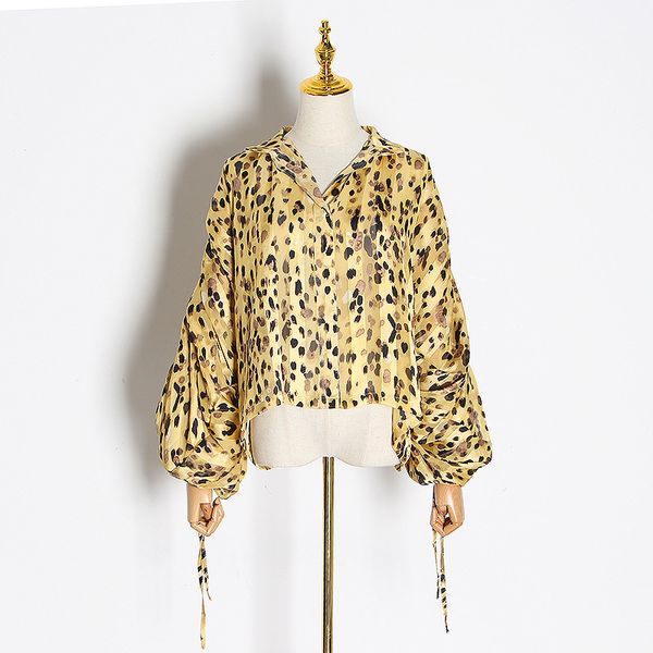 

2020 early spring new polo collar printed loose lotus leaf pleated lantern long sleeve womens shirt fashion, White