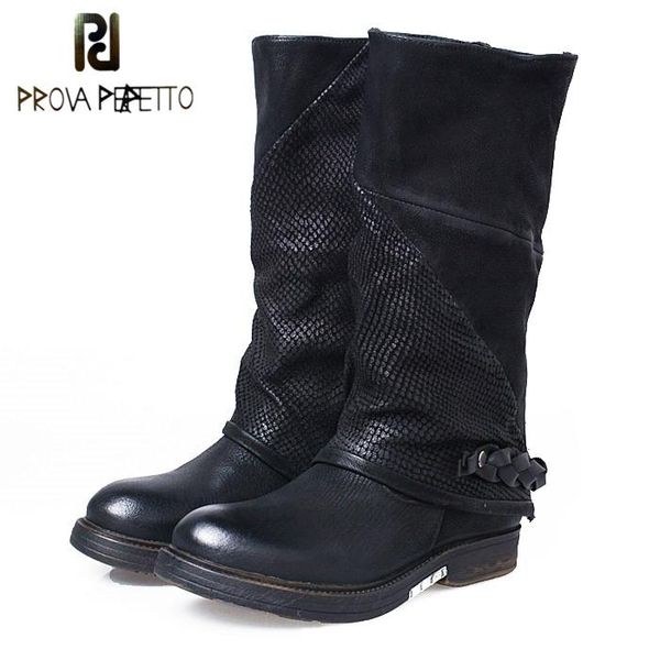 

boots prova perfetto autumn winter band mid-calf knight thick bottomed side zipper shoes genuine leather flats, Black