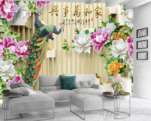 

пользовательские 3d животных обои 3d современные обои красивый павлин пион indoor tv фона украшения стены mural обои