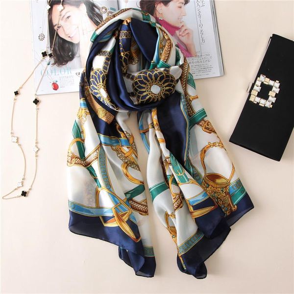 

scarves [peacesky] 2021 fashion bandana luxury chains print scarve blue and white woman brand 100% silk scarf women shawl hijab, Blue;gray