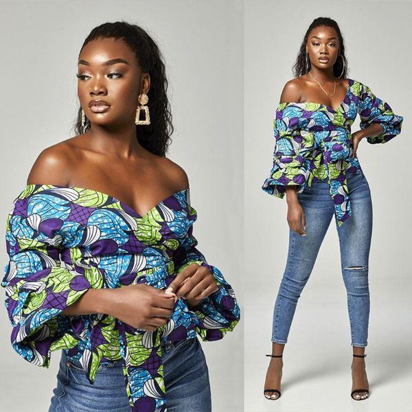 

women african puff sleeve off shoulder digital printing summer clothes, White