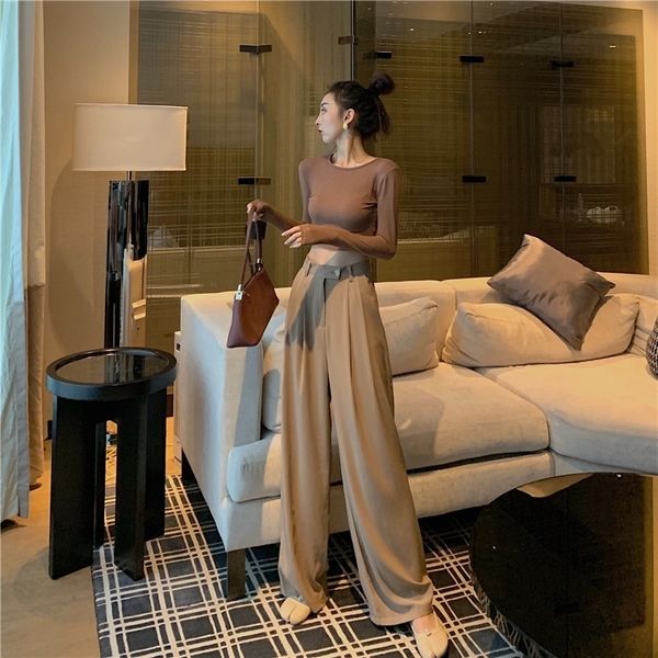 

yamdi high waist women pant female spring autumn wide-leg long flare pants woman elegant solid chic maxi trouser pantalon 201119, Black;white
