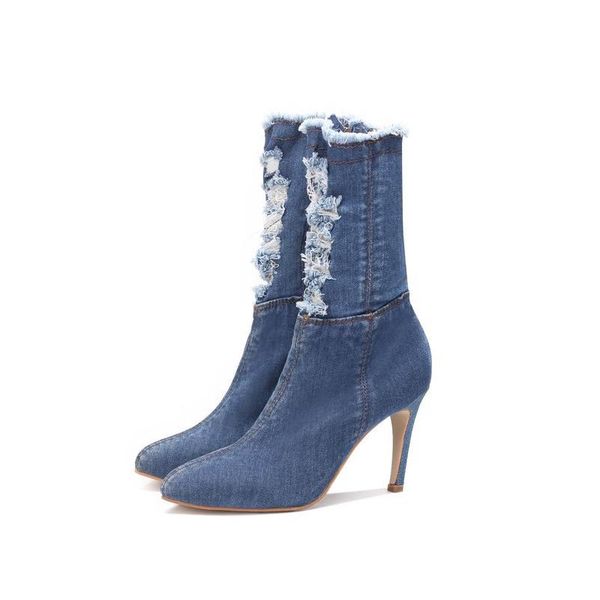 

europe and the united states autumn and winter new pointed high-heeled hole denim short boots women's large size women boots zip, Black
