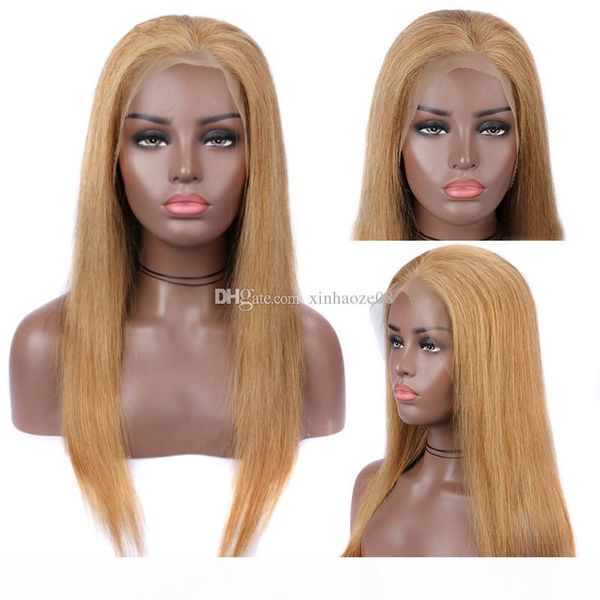 

silky straight #27 13x6 lace front wigs for black women virgin brazilian honey blonde hair glueless full lace human hair wigs baby hair, Black;brown