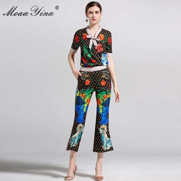 

moaayina 2018 fashion designer runway set summer women short sleeve fruit star floral print elegant +3/4 flared trousers set1, White