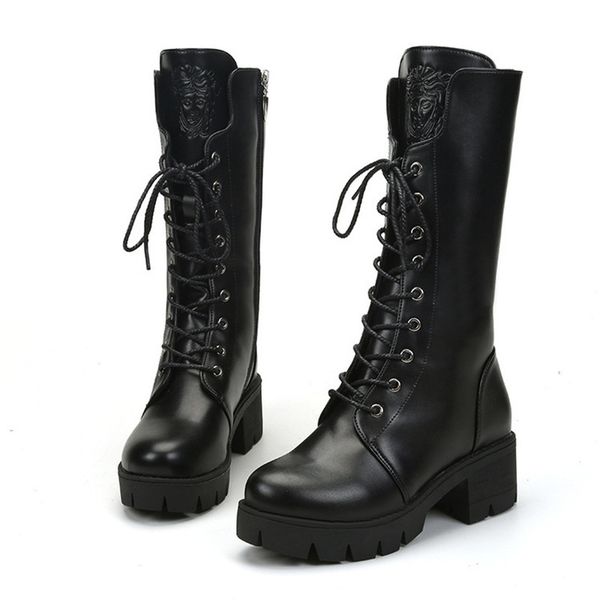 

winter 2021 new mid-calf calf boots bow-up toe-round hoof five in high heels women's shoes black female pumps 91be
