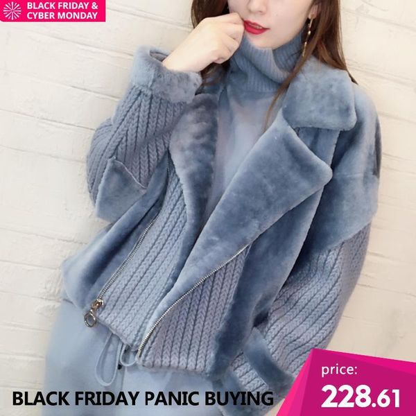 

womens winter fashion 2018 knitted short fur jacket wool fur coat plus size streetwear shearling genuine leather jacket winter1, Black