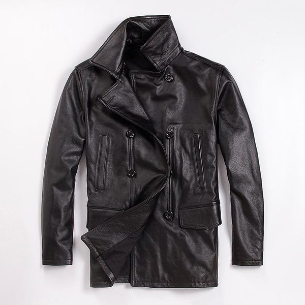 

style man thicker vintage cowhide jackets winter warm men's genuine leather slim trench plsu size classic coat1, Black