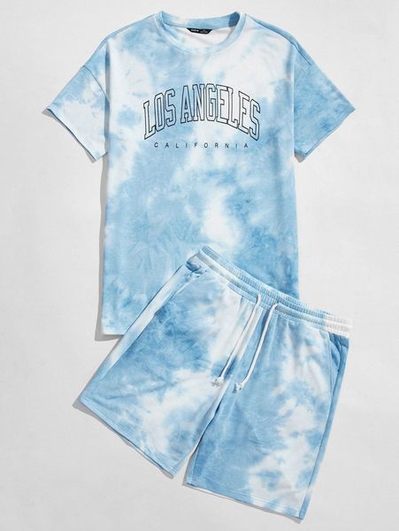 

men letter graphic tie dye tee & shorts set 6707#, Gray