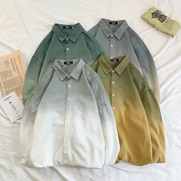 

vintage gradient cotton men shirt loose long sleeve button shirts casual ropa para hombre high street party men clothes mm60ncs1, White;black