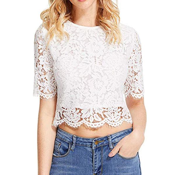 

blouse women summer women summer short sleeve sheer zip up mesh floral lace crop blouse blusas mujer dames v neck, White