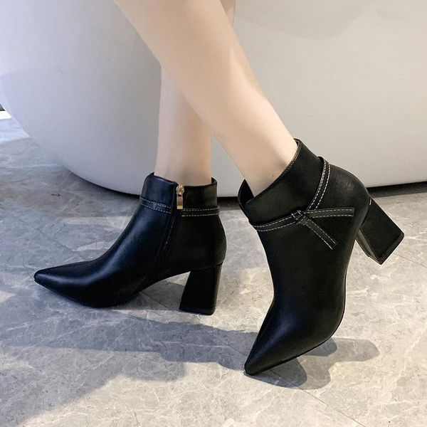 

new 2020 black winter boots women shoes woman leather bow knot zipper women boots high heels pointed ankle botas mujer