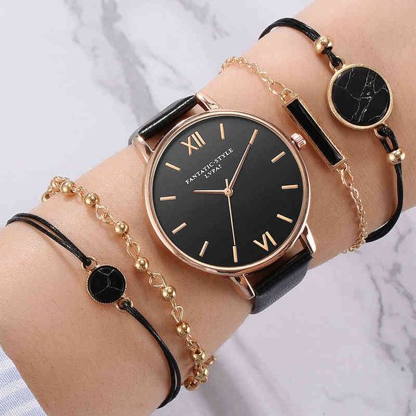 

5pcs set style fashion women's luxury leather band analog quartz wristwatch ladies watch women dress reloj mujer black clock, Slivery;brown