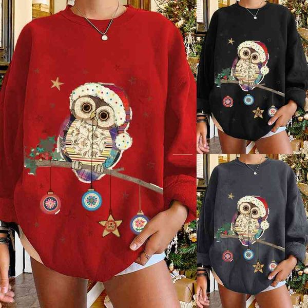 

christmas women sweater casual long sleeve o-neck pullover owl printed christmas ladies jumper year 2022 pull noel femme, White;black