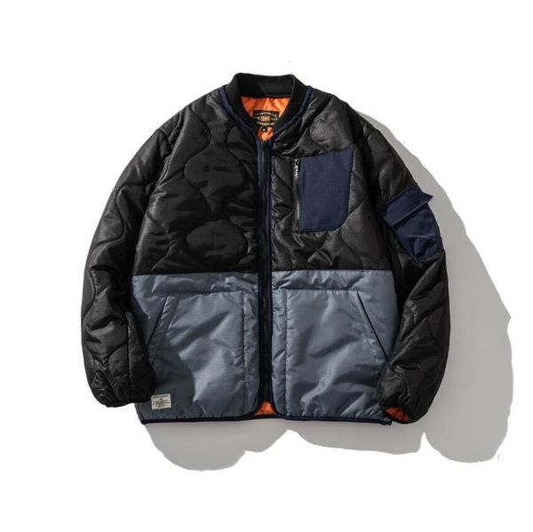 

men warm parka outwear 2020 winter stitching color thick cotton jacket cotton coat streetwear big pocket tooling outerwear w1299, Black