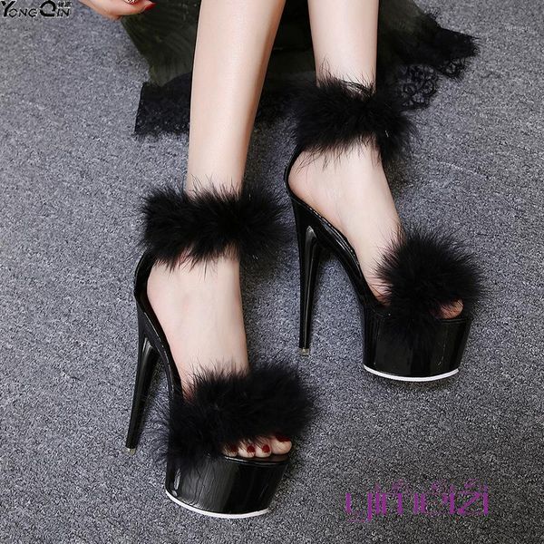 

summer furry decoration 15.5cm high-heeled sandals women's shoes1, Black