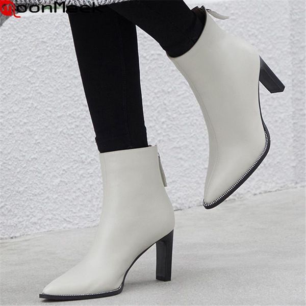 

moonmeek 2021 genuine leather boots fashion pointed toe high heels ankle boots autumn winter women black white1