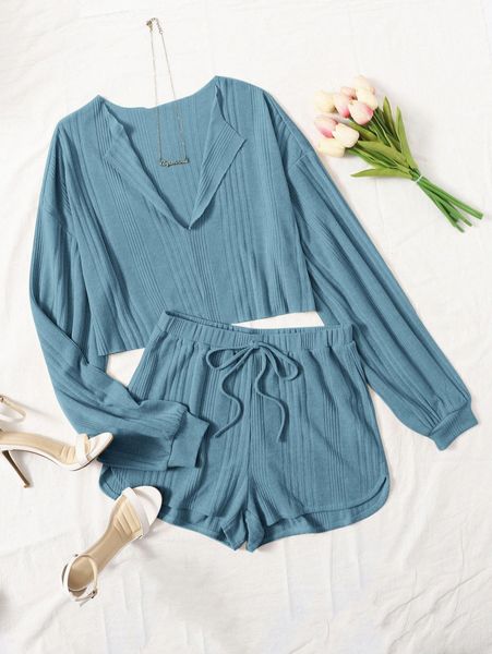 

drop shoulder notched neck & shorts set g0ot#, White