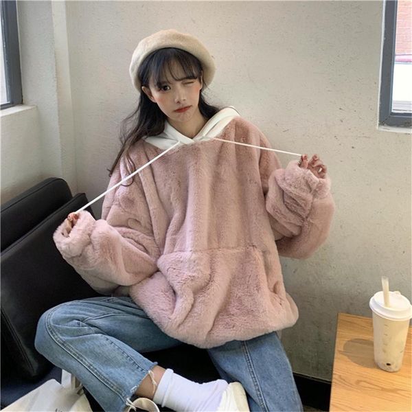 

2021 новый зимний из искусственного меха толстовки женщины мода сладкий сгущает свободные кенгуру карманный пуловер kawaii джирско женские т, Black