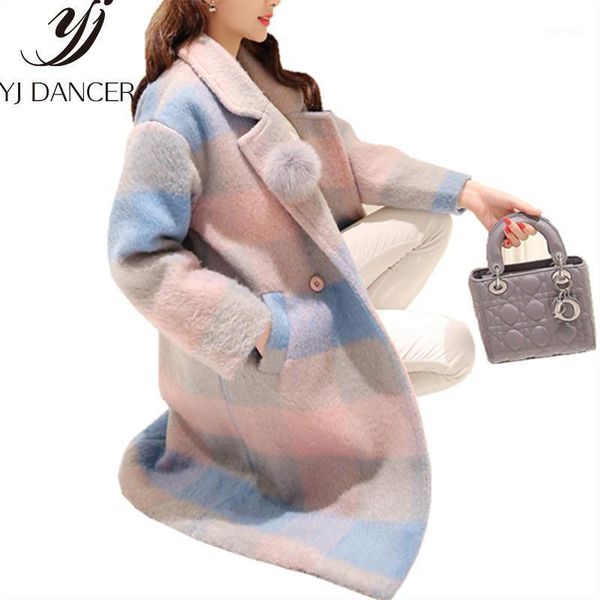 

winter women new woolen coat v-neck double breasted plaid temperament wool coats female loose casual fashion tweed coats css3511, Black