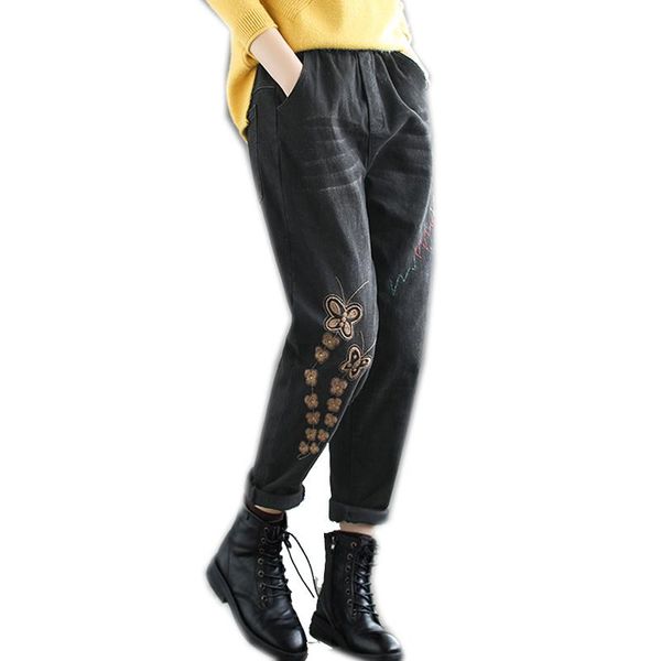

women jeans denim pants butterfly embroidery fleeced thick fro autumn winter long black bleached retro vintage a12151052, Blue