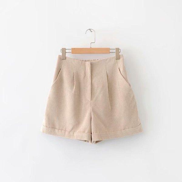 

women chic basic corduroy shorts pockets elastic waist zipper female casual solid shorts pantalones cortos1, White;black
