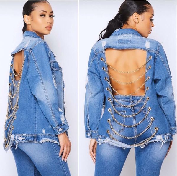 

2021 new autumn women hole denim fashion jacket back current jean jackets women's long sleeves outerwear p1798 vvmt, Black;brown