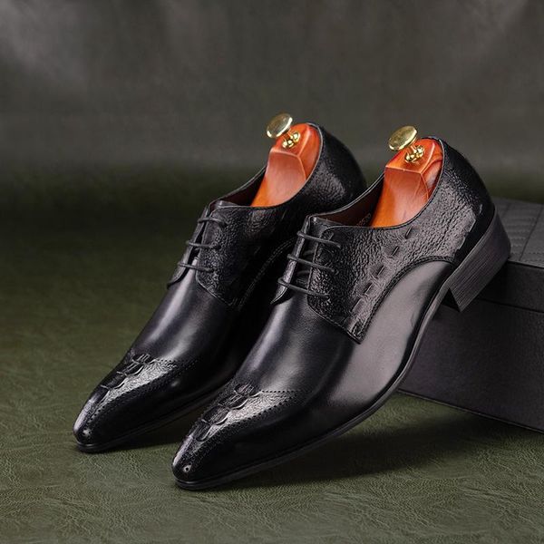 

zgzjywm fashion spring/autumn black crocodile style lace-up pointed toe formal genuine leather flat man wedding dress shoes