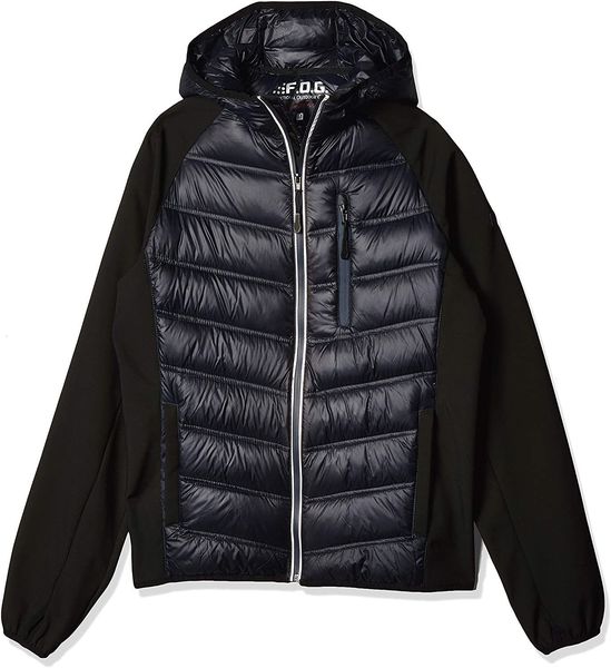 

by london fog mens down filled hooded jacket with ragan soft shell sleeves, Black