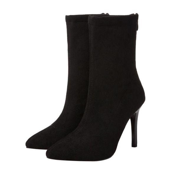 

fggs-ladies pointed high heel ankle boots elastic mid boots fashion zip shoes socks, Black