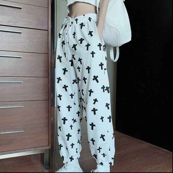 

new high waist jogging pants women printed loose sportwear trousers female korean hip hop pants casual wide leg streetwear pants, Black;white
