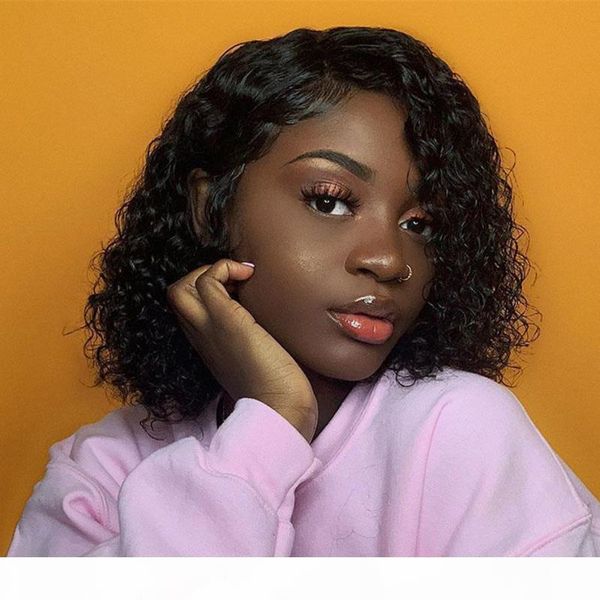 

curly bob wig lace front human hair wigs for black women 8-14 inch water wave lace front wig 150% denisty brazilian hair wigs, Black;brown