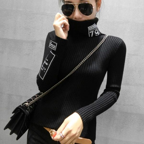 

#6205 black white beige red woman sweater pullovers long sleeved harajuku warm knitted sweater tight pullover turtleneck ladies1, White;black