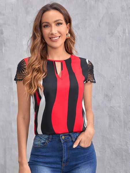 

keyhole neck guipure lace sleeve colorblock l013#, White