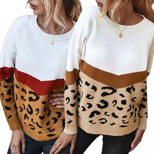 

women autumn winter leopard knitted sweater casual long sleeve pullover tunic round neck streetwear, White;black