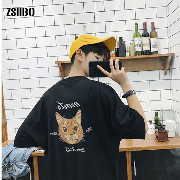 

новый летний пара короткий рукав мужской свободный студент вершины harajuku стиль мужской прилив большой золотой кот печати толстовка с капю