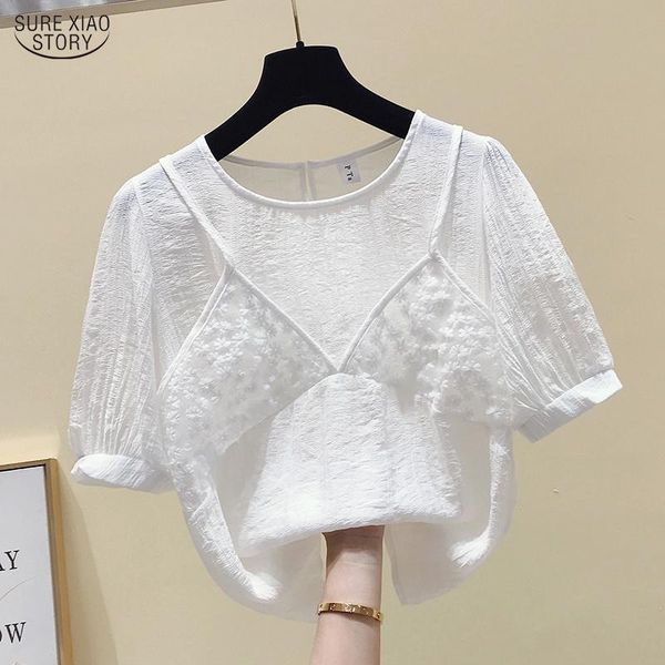 

korean clothes summer short sleeve latern sleeve sweet loose blouse solid white women 2021 fake two pieces shirt 9716