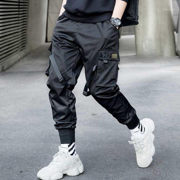 

hip hop black pencil pants men multi-pocket streetwear harem joggers pants 2019 autumn fashion mens pant ribbon gm221