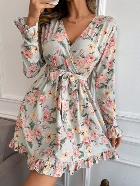 

floral print flounce sleeve ruffle hem belted dress t4lo#, Black;gray