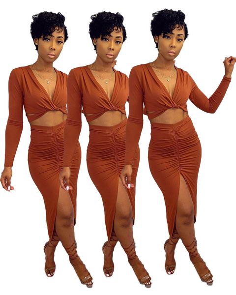 

womens 2pcs dress solid colro v neck long sleeve ruched split dresses set women designers clothes, White