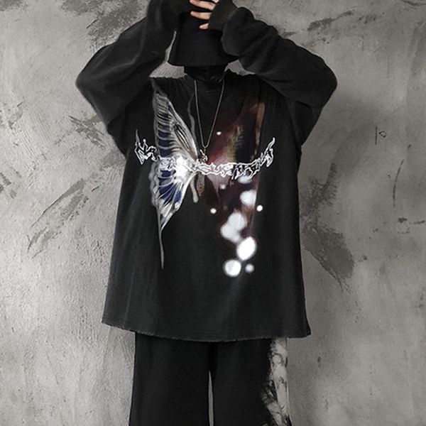 

pullovers washed vintage graphic butterfly print sweatshirt long sleeve hip hop oversized tshirt autumn kg-610, Black