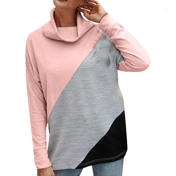 

elegant block color panelled turtleneck autumn women casual patchwork long sleeve pullover sweatshirt villapaita huppari1, Black