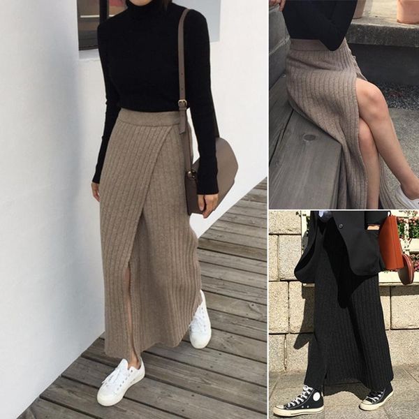 

women's elegant vintage side seam design high waist a-line skirt knit skirt, Black